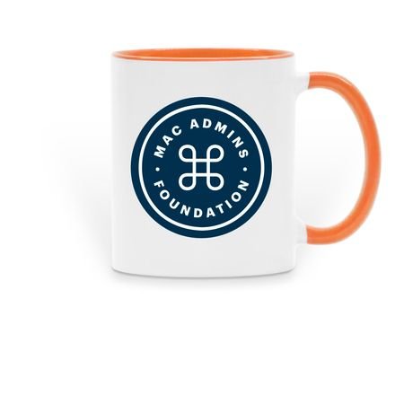 White mug with orange handle and rim, printed with the navy Mac Admins Foundation roundel logo