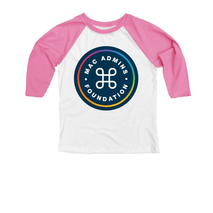 White and pink raglan baseball tee with the rainbow-ringed Mac Admins Foundation roundel logo