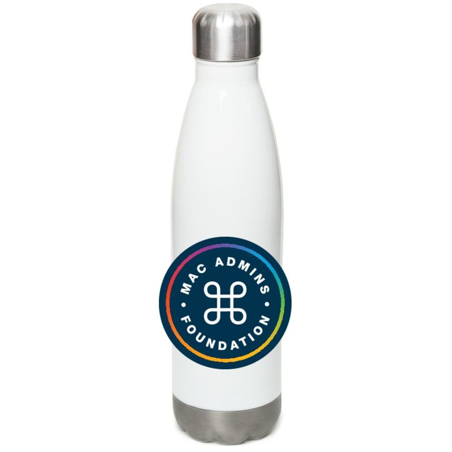 White stainless steel water bottle with the rainbow-ringed Mac Admins Foundation roundel logo