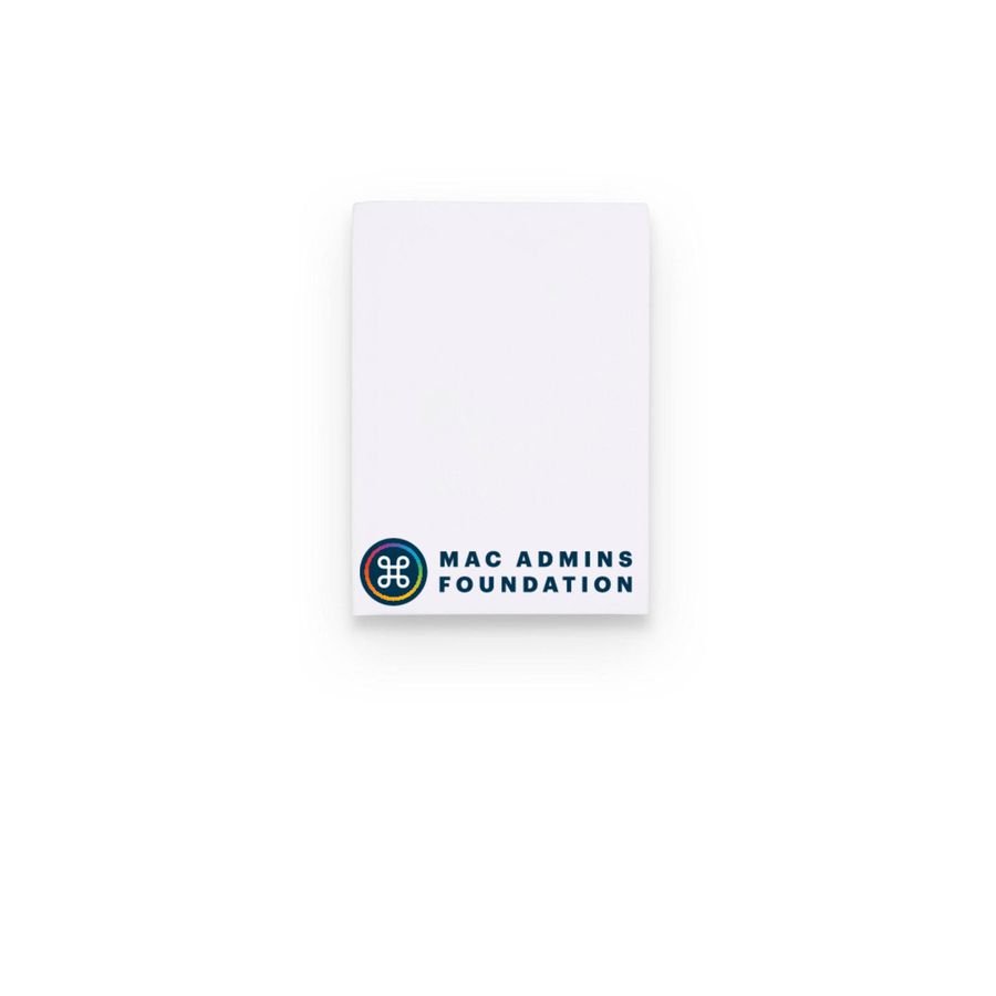 White notepad with the Mac Admins Foundation logo and wordmark at the bottom