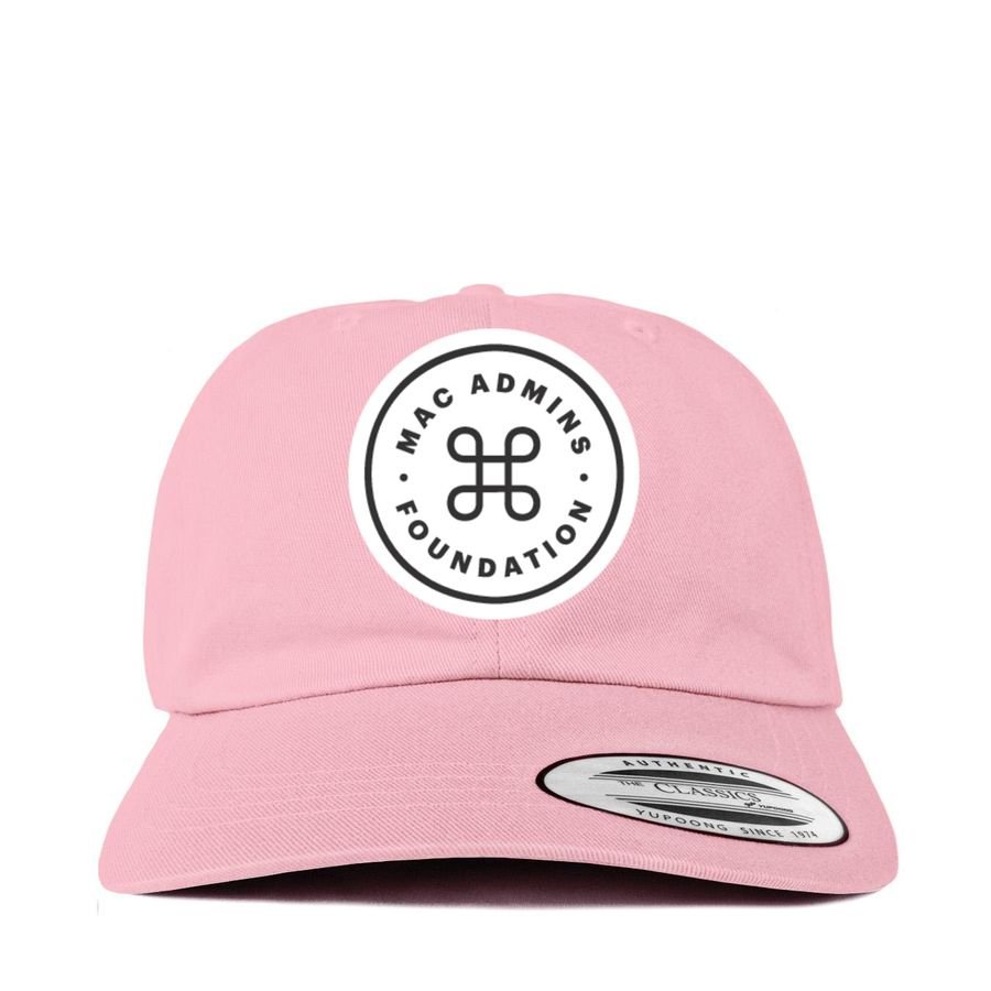 Pink dad hat with the white circular Mac Admins Foundation roundel logo patch
