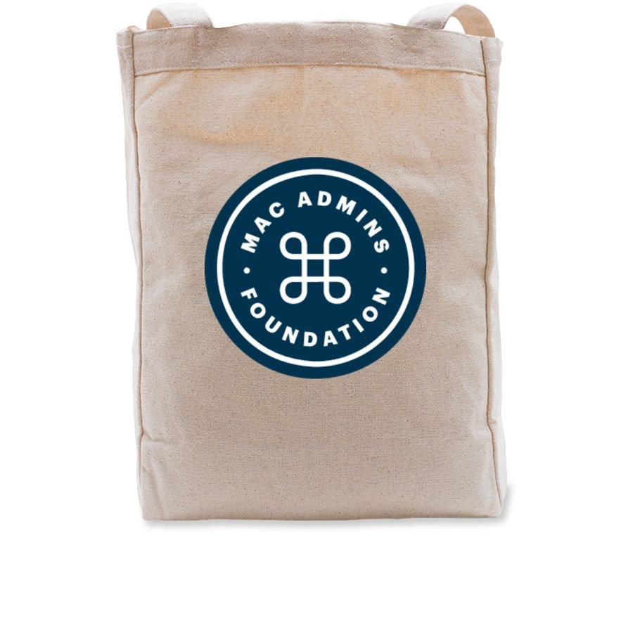 Natural canvas tote bag printed with the navy Mac Admins Foundation roundel logo